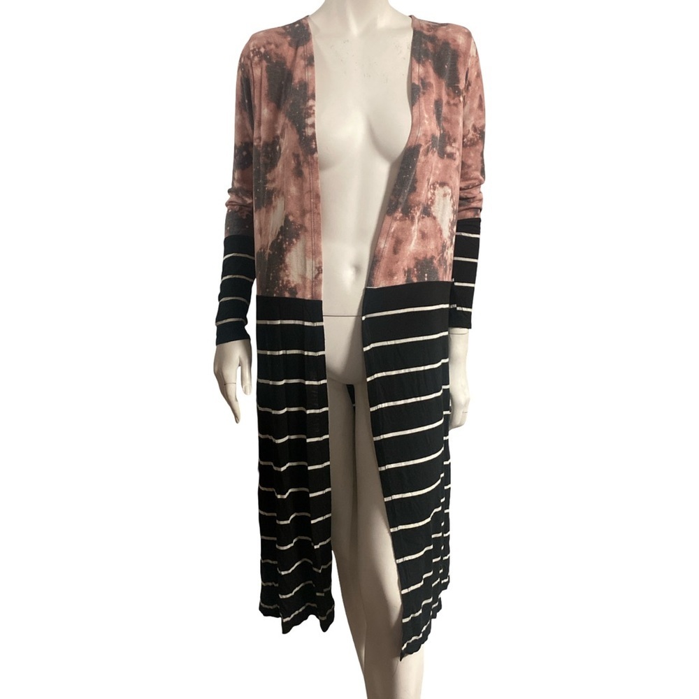 7th Ray Pink and Black Striped Long Cardigan
